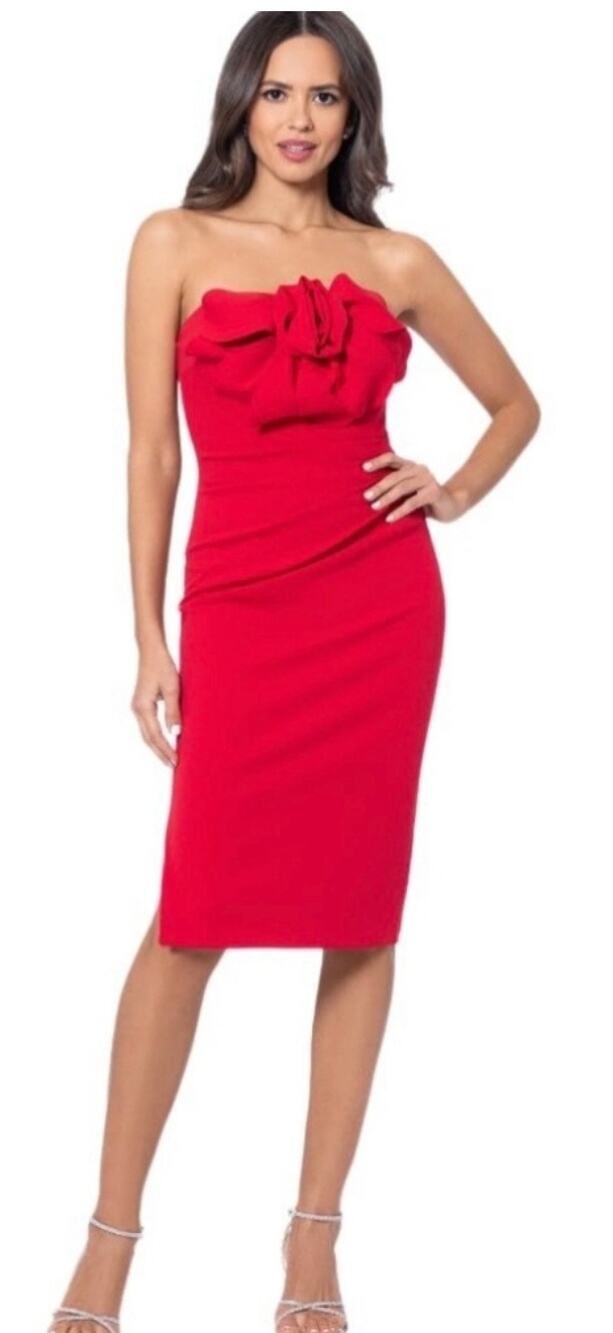 Betsy & Adam Red Scuba Crepe Knee Length Flower Strapless Dress 6